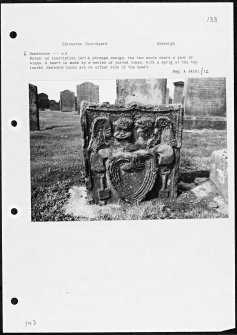 Photographs and research notes relating to graveyard monuments in Sprouston Churchyard, Roxburghshire. 
