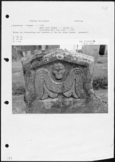 Photographs and research notes relating to graveyard monuments in Yetholm Churchyard, Roxburghshire. 
