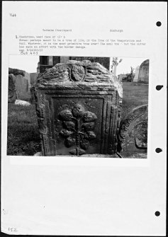 Photographs and research notes relating to graveyard monuments in Yetholm Churchyard, Roxburghshire. 
