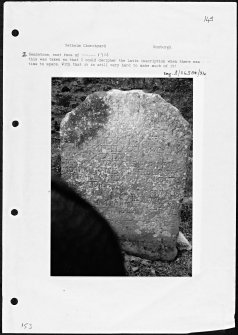 Photographs and research notes relating to graveyard monuments in Yetholm Churchyard, Roxburghshire. 
