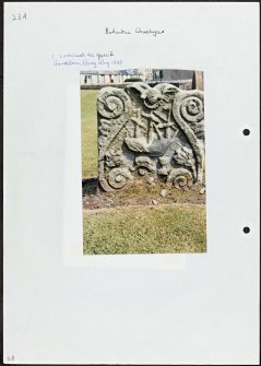 Photographs and research notes relating to graveyard monuments in Ballantrae Churchyard, Ayrshire. 
