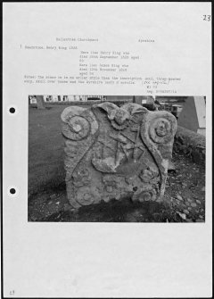 Photographs and research notes relating to graveyard monuments in Ballantrae Churchyard, Ayrshire. 
