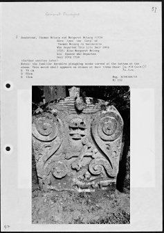 Photographs and research notes relating to graveyard monuments in Colmonell Churchyard, Ayrshire. 
