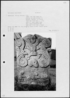 Photographs and research notes relating to graveyard monuments in Dalrymple Churchyard, Ayrshire. 
