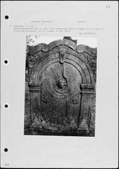 Photographs and research notes relating to graveyard monuments in Dreghorn Churchyard, Ayrshire. 
