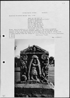 Photographs and research notes relating to graveyard monuments in Girvan Burial Ground, Ayrshire. 
