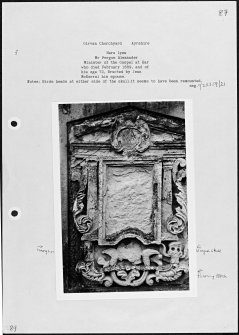 Photographs and research notes relating to graveyard monuments in Girvan Burial Ground, Ayrshire. 
