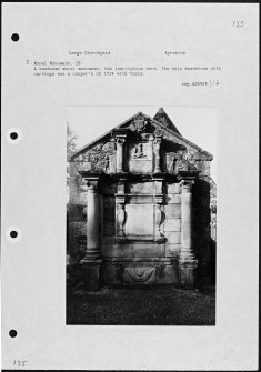 Photographs and research notes relating to graveyard monuments in Largs Churchyard, Ayrshire. 

