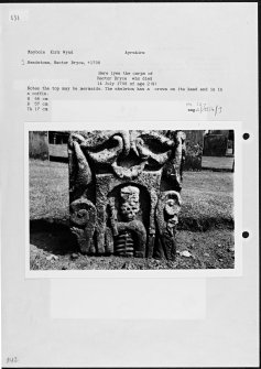 Photographs and research notes relating to graveyard monuments in Maybole Kirk Wynd, Ayrshire. 
