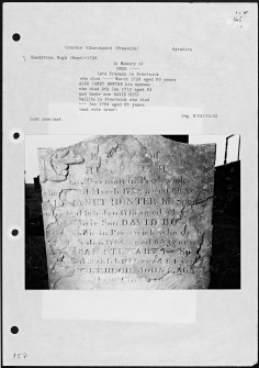 Photographs and research notes relating to graveyard monuments in Crosbie Churchyard, Ayrshire. 
