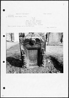 Photographs and research notes relating to graveyard monuments in Abercorn Churchyard, West Lothian. 
