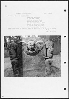 Photographs and research notes relating to graveyard monuments in Bathgate Old Churchyard, West Lothian. 
