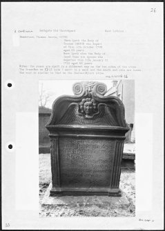 Photographs and research notes relating to graveyard monuments in Bathgate Old Churchyard, West Lothian. 
