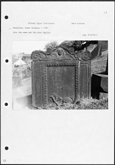 Photographs and research notes relating to graveyard monuments in Bo'ness Upper Churchyard, West Lothian. 
