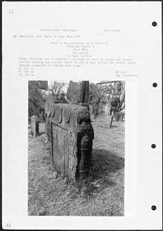 Photographs and research notes relating to graveyard monuments in Bo'ness Lower Churchyard, West Lothian. 
