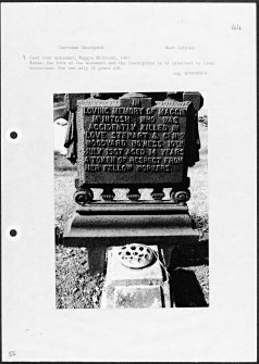 Photographs and research notes relating to graveyard monuments in Carriden Churchyard, West Lothian. 
