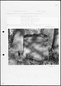 Photographs and research notes relating to graveyard monuments in Carriden Old Churchyard, West Lothian. 
