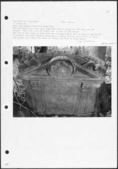 Photographs and research notes relating to graveyard monuments in Carriden Old Churchyard, West Lothian. 
