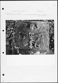 Photographs and research notes relating to graveyard monuments in Carriden Old Churchyard, West Lothian. 
