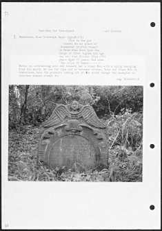 Photographs and research notes relating to graveyard monuments in Carriden Old Churchyard, West Lothian. 
