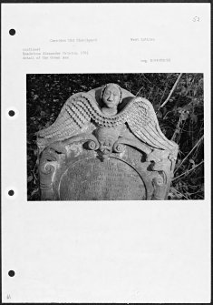 Photographs and research notes relating to graveyard monuments in Carriden Old Churchyard, West Lothian. 
