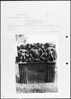 Photographs and research notes relating to graveyard monuments in Dalmeny Churchyard, West Lothian. 
