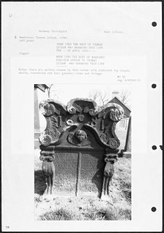 Photographs and research notes relating to graveyard monuments in Dalmeny Churchyard, West Lothian. 
