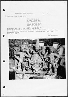 Photographs and research notes relating to graveyard monuments in Queensferry South Churchyard, West Lothian. 
