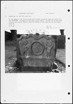 Photographs and research notes relating to graveyard monuments in Torphichen Churchyard, West Lothian. 
