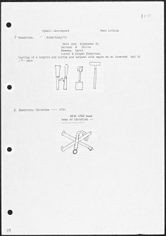 Photographs and research notes relating to graveyard monuments in Uphall Churchyard, West Lothian. 
