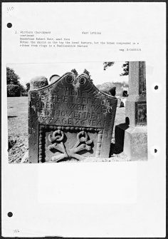 Photographs and research notes relating to graveyard monuments in Whitburn Churchyard, West Lothian. 
