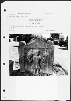 Photographs and research notes relating to graveyard monuments in Whitburn Churchyard, West Lothian. 
