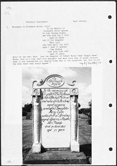 Photographs and research notes relating to graveyard monuments in Whitburn Churchyard, West Lothian. 
