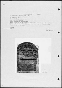 Photographs and research notes relating to graveyard monuments in Arbroath Abbey Churchyard, Angus. 
