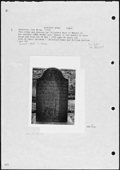 Photographs and research notes relating to graveyard monuments in Arbroath Abbey Churchyard, Angus. 
