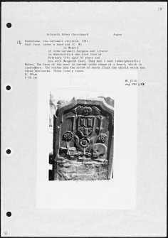 Photographs and research notes relating to graveyard monuments in Arbroath Abbey Churchyard, Angus. 
