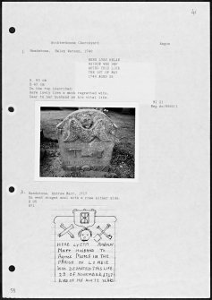 Photographs and research notes relating to graveyard monuments in Auchterhouse Churchyard, Angus. 
