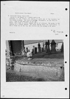 Photographs and research notes relating to graveyard monuments in Auchterhouse Churchyard, Angus. 
