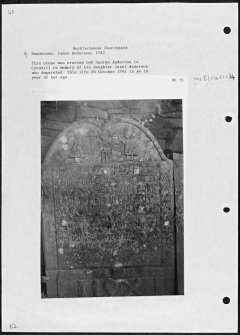 Photographs and research notes relating to graveyard monuments in Auchterhouse Churchyard, Angus. 
