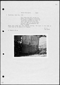 Photographs and research notes relating to graveyard monuments in Barry Churchyard, Angus. 
