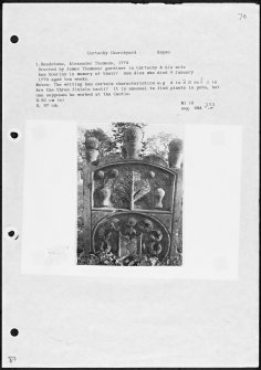 Photographs and research notes relating to graveyard monuments in Cortachy Churchyard, Angus. 
