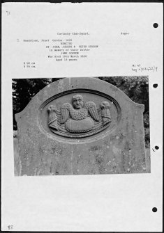 Photographs and research notes relating to graveyard monuments in Cortachy Churchyard, Angus. 
