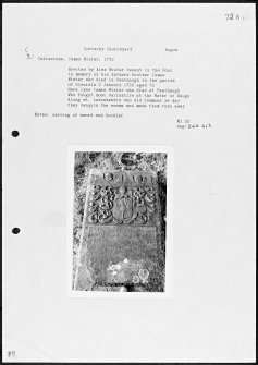 Photographs and research notes relating to graveyard monuments in Cortachy Churchyard, Angus. 
