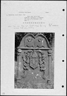 Photographs and research notes relating to graveyard monuments in Cortachy Churchyard, Angus. 
