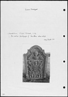 Photographs and research notes relating to graveyard monuments in Eassie Churchyard, Angus. 
