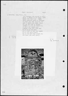 Photographs and research notes relating to graveyard monuments in Edzell Churchyard, Angus. 
