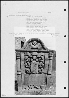 Photographs and research notes relating to graveyard monuments in Edzell Churchyard, Angus. 
