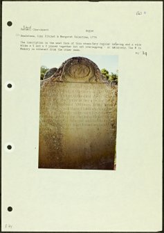 Photographs and research notes relating to graveyard monuments in Edzell Churchyard, Angus. 
