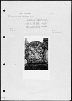 Photographs and research notes relating to graveyard monuments in Edzell Churchyard, Angus. 
