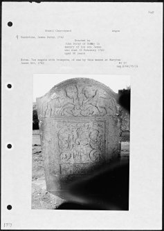 Photographs and research notes relating to graveyard monuments in Edzell Churchyard, Angus. 
